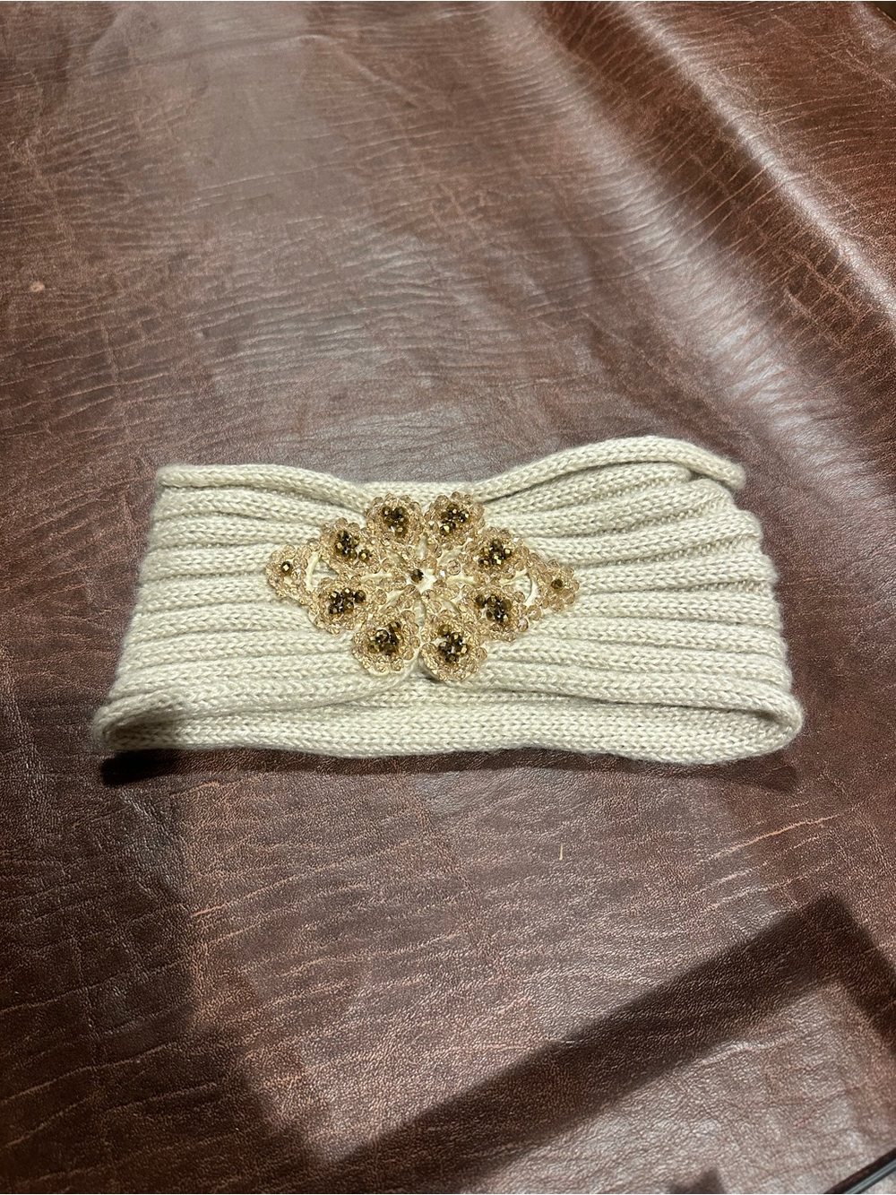 C.C Cream Ribbed Knit Headband with Gold Beaded Floral Accent